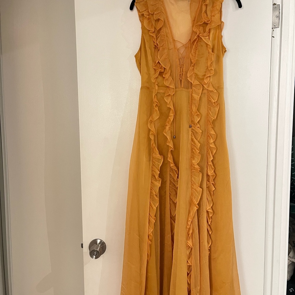Flowy Golden Ruffle Maxi Sun Dress-Perfect for Spring/Summer
